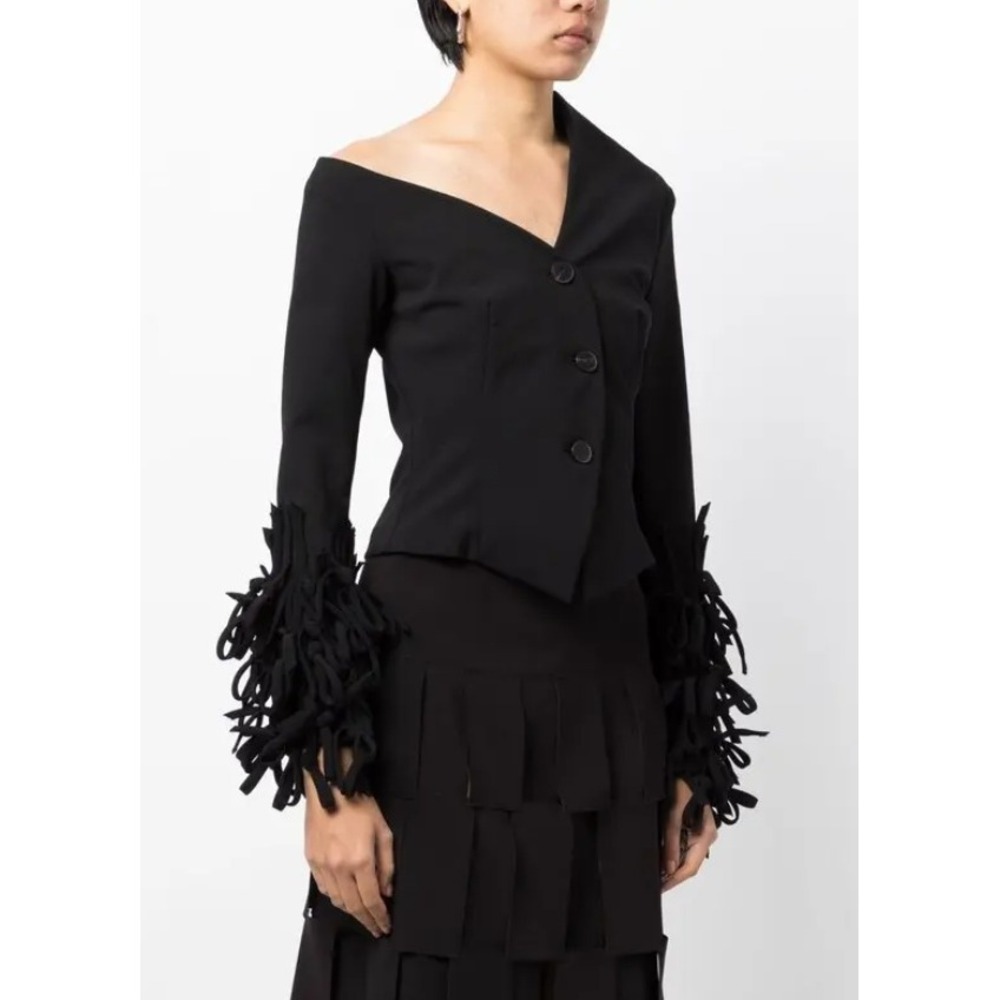 A.W.A.K.E. MODE Black Asymmetrical Fringe Cuff Cropped Blazer Jacket Sz 42 US 10